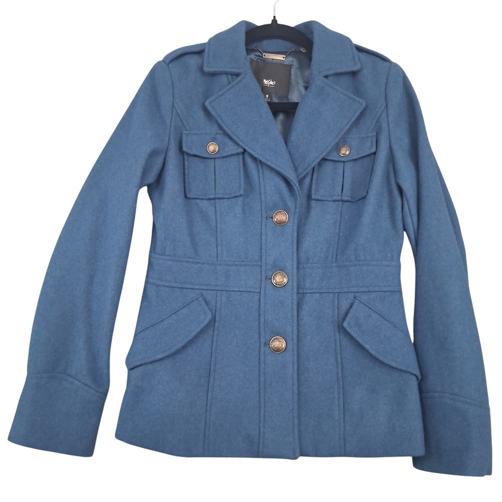 Mossimo Blue Military Style Jacket Button Front Gold Buttons Belted Size Small